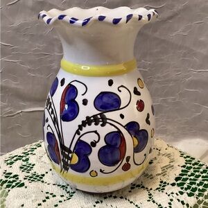 Deruta Italy Ceramic Pottery Vase Blue Butterflies & Flowers